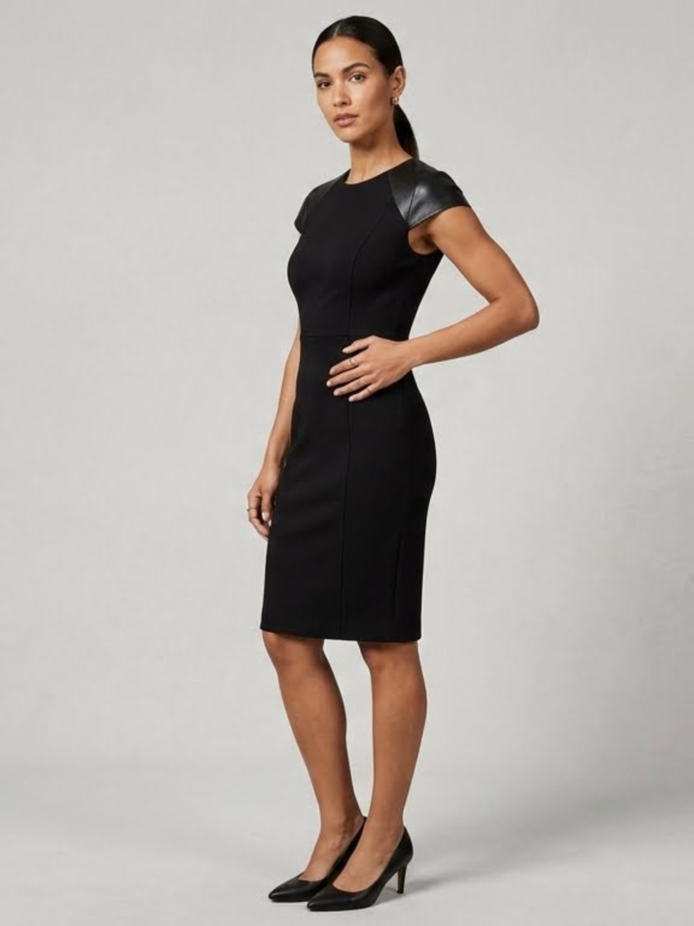 NWOT Ted Baker Eadha Black Contrast Leather Trim Sheath Dress Size 2 / US 4-6